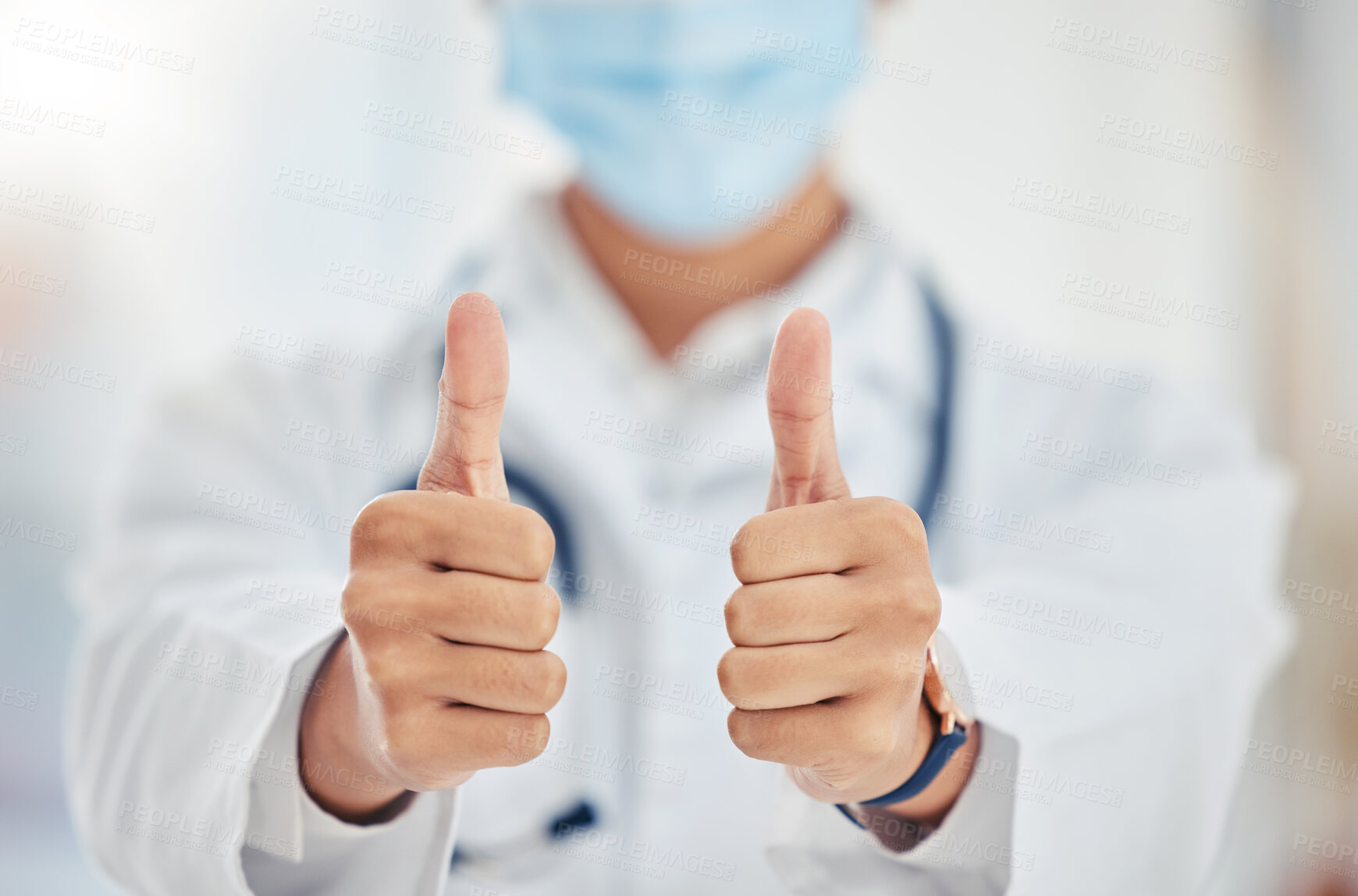 Buy stock photo Thumbs up doctor hand sign for covid surgery success, support and yes in a hospital. Medical and healthcare worker showing thank you, agreement or goal completion hands gesture in a health clinic