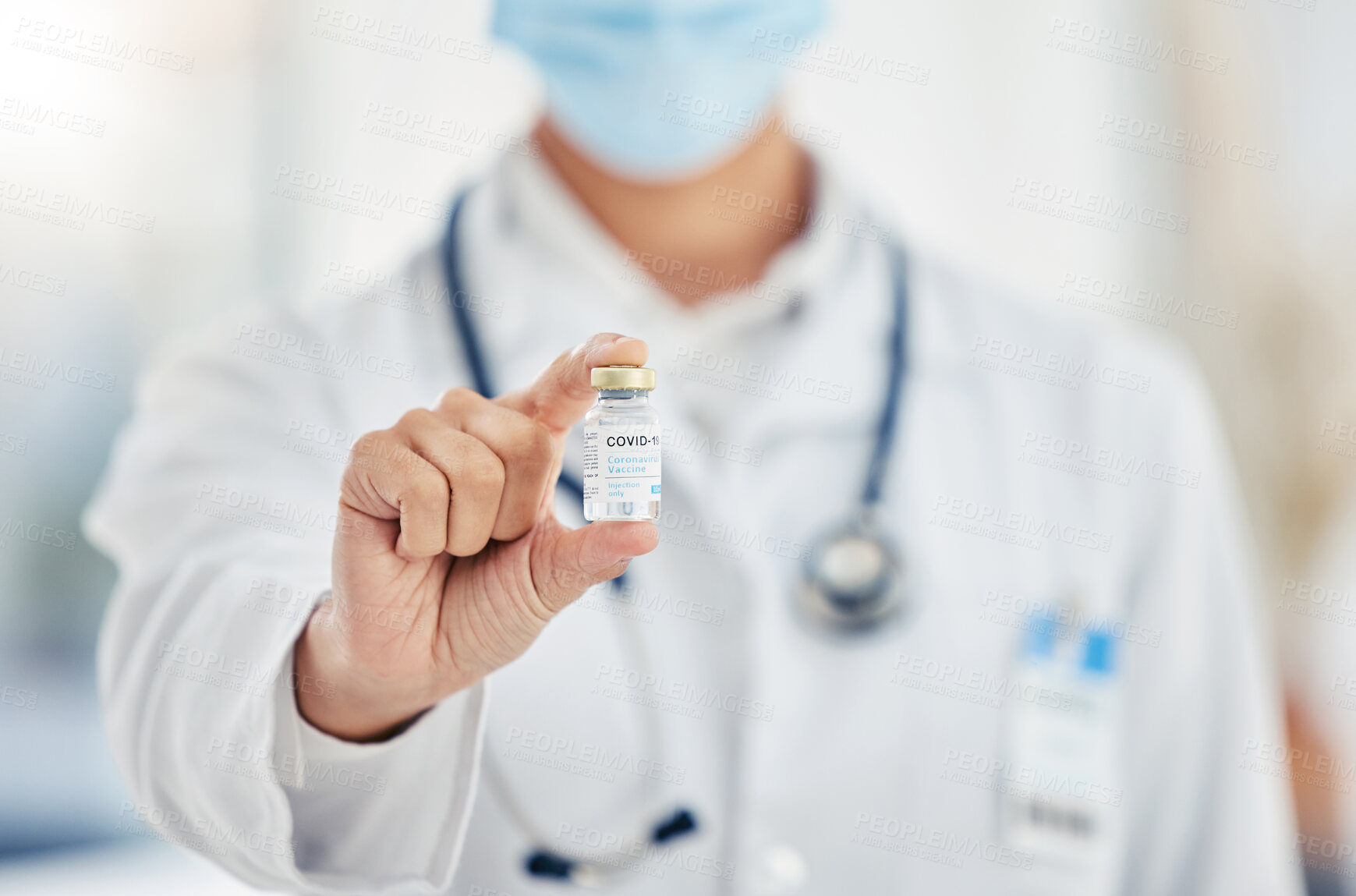 Buy stock photo Hand of medical doctor with covid vaccine bottle covid 19 virus pandemic medicine for health vaccination at clinic or hospital. Healthcare worker with corona medication or coronavirus treatment 