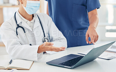 Buy stock photo Collaboration, laptop and hands with a doctor and nurse in discussion as a team about healthcare or medical diagnosis. Teamwork, insurance and research with online resource for innovation in medicine