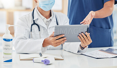 Buy stock photo Doctor, hands and tablet with a healthcare team doing research online in a hospital for medical, medicine or wellness. Teamwork, collaboration and working together for treatment, cure and recovery