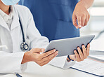 Nurse and doctor with digital tablet report, lab results or healthcare medical records. Innovation, research and people hands with wireless technology for hospital management software and online data