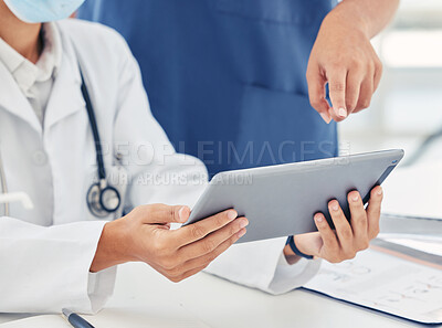Buy stock photo Nurse and doctor with digital tablet report, lab results or healthcare medical records. Innovation, research and people hands with wireless technology for hospital management software and online data