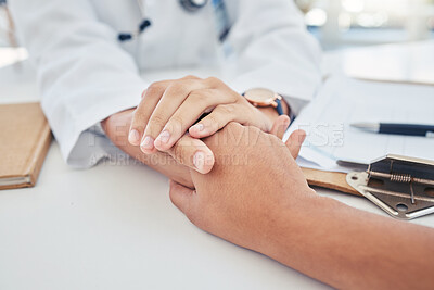 Buy stock photo Hands, support and trust with a doctor and patient in the hospital for consulting, healthcare and medicine. Medical, care and help with a medicare professional and a victim in a clinic for health