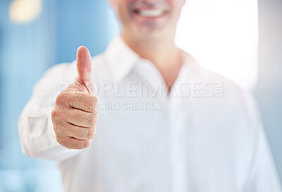 Buy stock photo Thumbs up, thank you and yes with happy, smile and winner sign of professional businessman. Success, vote and good news with closeup of male hand in agreement, goal review and motivation