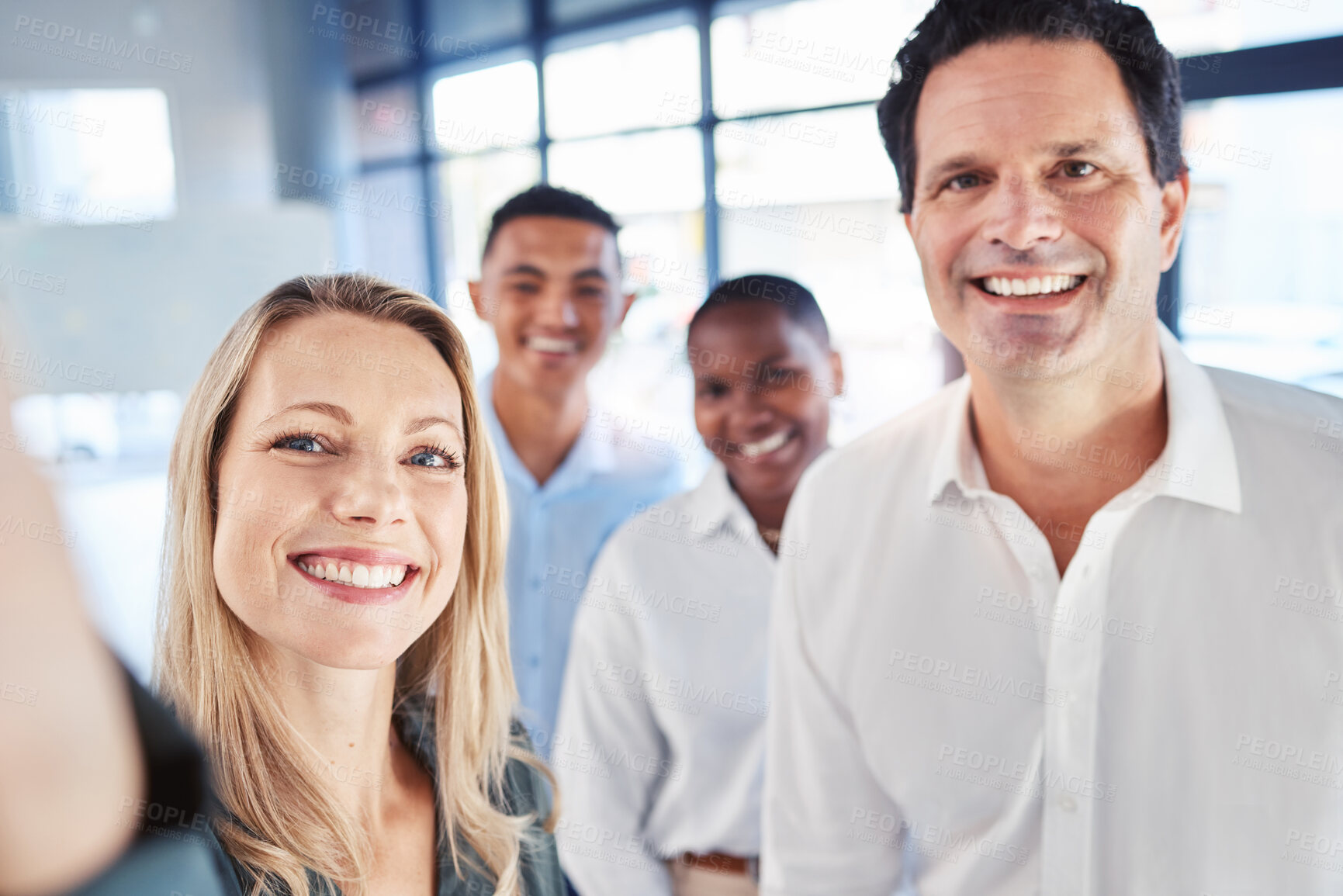 Buy stock photo Partnership, diversity and a business team take a selfie in office after startup launch. Teamwork, confidence and support, happy to be working together. Proud corporate men and woman smile for photo