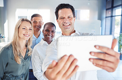 Buy stock photo Business people taking selfie on tablet at work, team collaboration with tech in meeting at corporate company and motivation for partnership. Photograph of teamwork at digital marketing startup