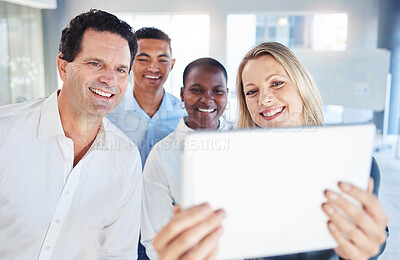 Buy stock photo Selfie while business people smile at digital tablet or read email with profit, success and growth in a startup corporate company. Teamwork, support and collaboration while working to goal and target