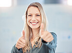 Thumbs up, motivation or yes and a happy business woman with a smile in the office. Thank you, success and winner with a female employee in celebration of an agreement, support or goal at work