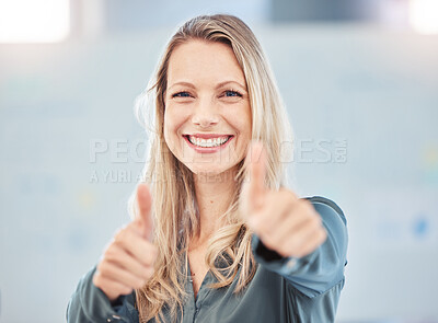 Buy stock photo Thumbs up, motivation or yes and a happy business woman with a smile in the office. Thank you, success and winner with a female employee in celebration of an agreement, support or goal at work