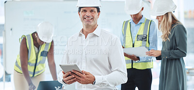 Buy stock photo Architect, engineer and designer working on tablet, planning construction building job on mobile app and home renovation with workers at work. Portrait of happy manager and boss in architecture