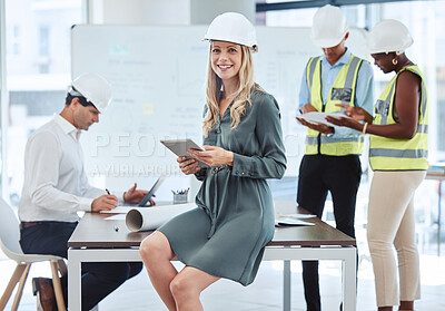 Buy stock photo Architect, construction and building with a woman and her team in an office working on a design for a project or development. Engineer, architecture or design with a young female planning on a tablet