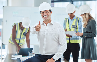 Buy stock photo Thumbs up, like or success emoji of engineer, architect or business manager strategy planning or team collaboration project. Trust portrait of a construction worker and planner with finger hand icon