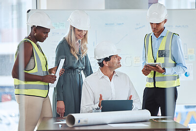 Buy stock photo Architecture, construction and engineering team using technology for innovation and development planning. Group collaboration and communication with men and women for building contractor meeting 