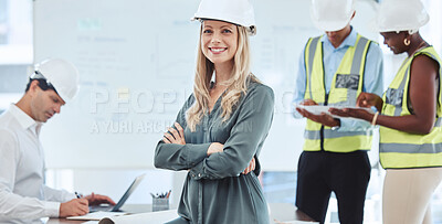 Buy stock photo Success, confident and leadership engineer woman, architect or business manager working in design project management office. Portrait smile of an industry worker with team planning and collaboration