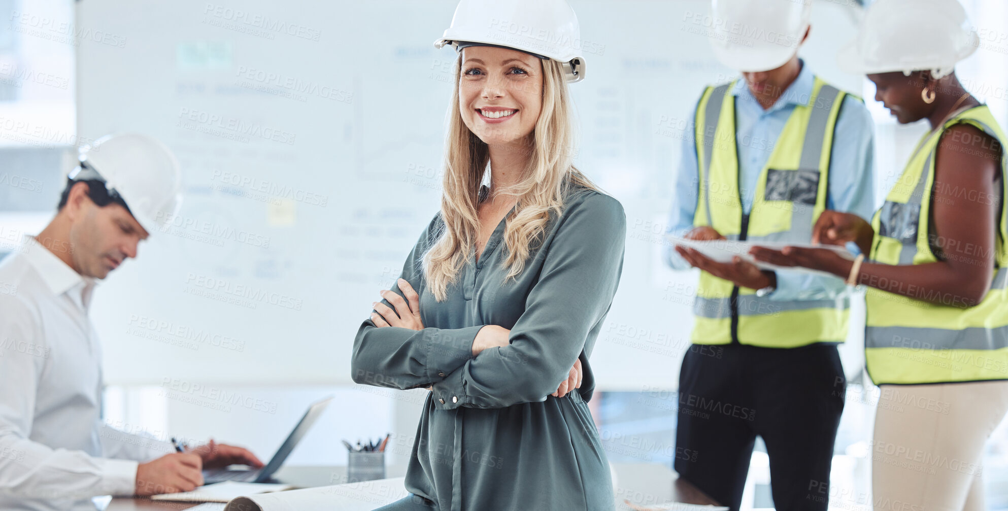 Buy stock photo Success, confident and leadership engineer woman, architect or business manager working in design project management office. Portrait smile of an industry worker with team planning and collaboration