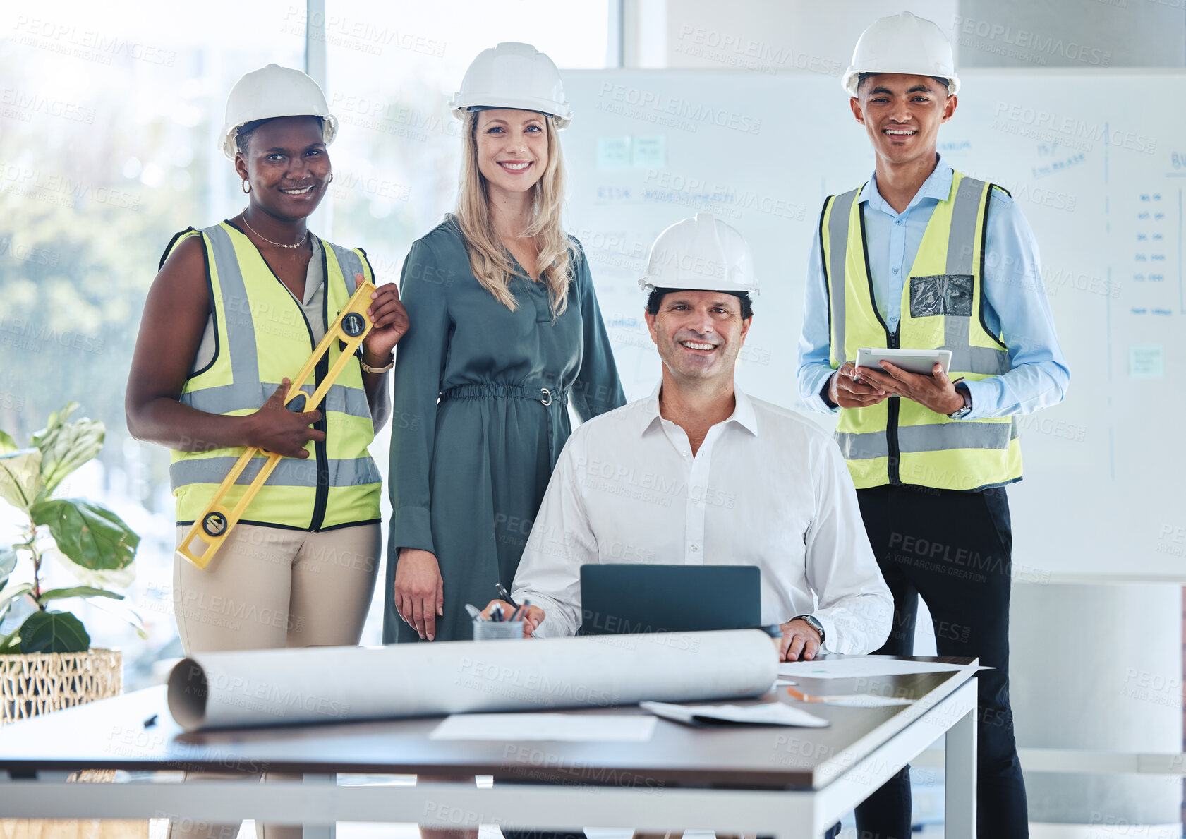 Buy stock photo Architect, business and team in planning, strategy and brainstorming session at the office for architecture project in collaboration. Portrait of professional contractors in happy teamwork success.