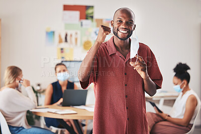 Buy stock photo Face mask, excited business man and covid compliance portrait with motivation vision to stop global danger virus. Smile, happy and success for black office businessman in end of pandemic celebration
