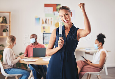 Buy stock photo Woman, business portrait and mask victory with pandemic regulations health safety news update. Excited fist for Covid social distance guidelines change in a public and corporate environment.