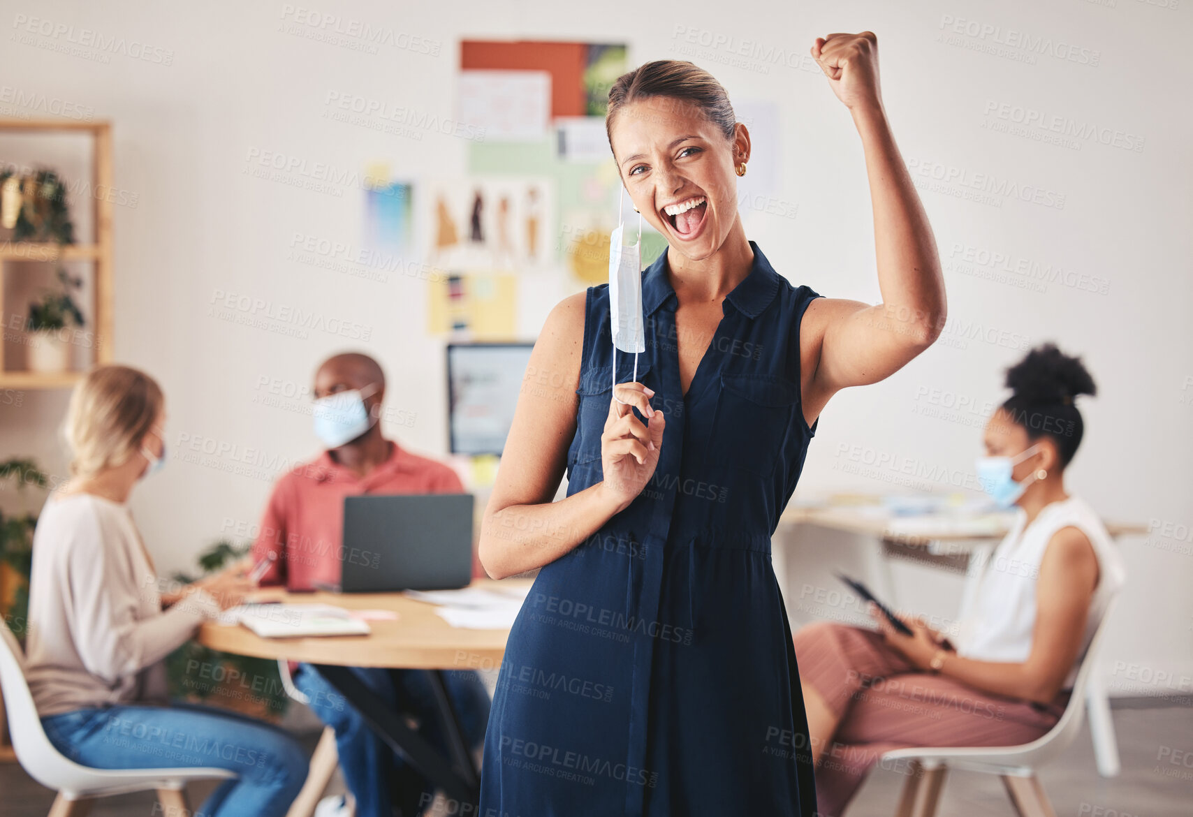 Buy stock photo Woman, business portrait and mask victory with pandemic regulations health safety news update. Excited fist for Covid social distance guidelines change in a public and corporate environment.