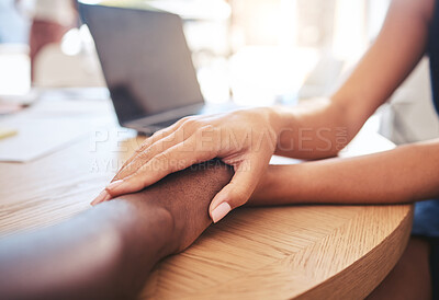 Buy stock photo Support, love and care people hands holding, talking of problem, financial struggle or job loss failure. Trust, help and comforting woman with sad man, friend or employee and hope for mental health