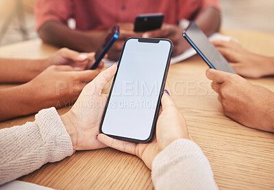 Buy stock photo Smartphone, blank screen display in hands for advertising, mockup design and marketing app. People on social media with 5g phones using wireless tech for online app, website or new modern software

