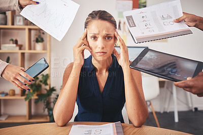 Buy stock photo Stress, time management and project management business woman with paperwork, tablet and phone call in hands for office job. Headache, anxiety portrait for KPI of corporate worker in administration
