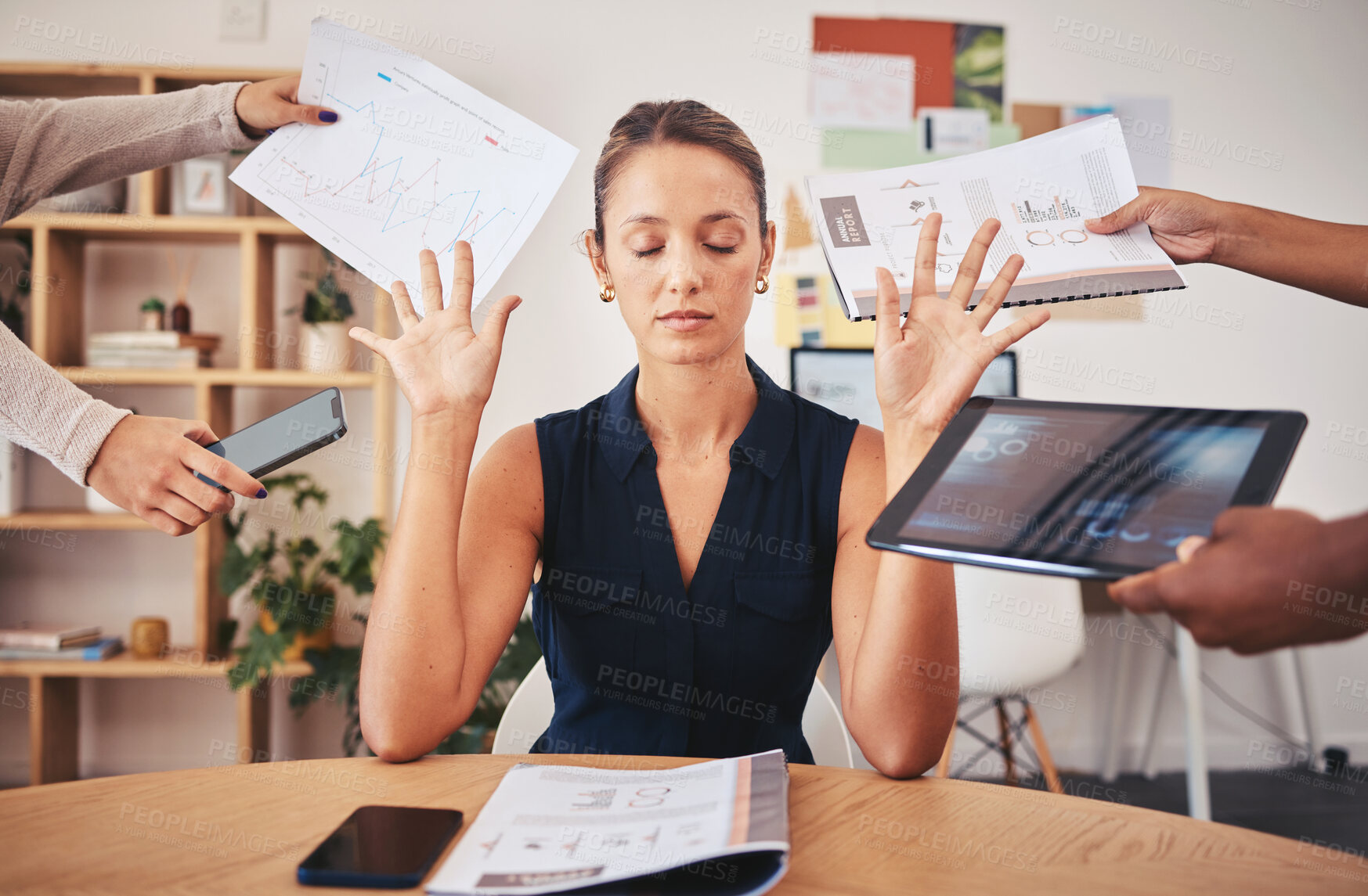 Buy stock photo Burnout, stress and business woman overworked from too much, work overload and pressure marketing corporate company. Time management, frustrated and tired employee in digital agency office building