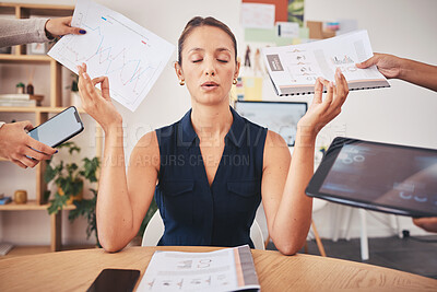 Buy stock photo Business woman with work stress doing meditation, employee and worker breathing for peace, wellness yoga to relax and zen hands working at startup company. Corporate manager doing spiritual exercise