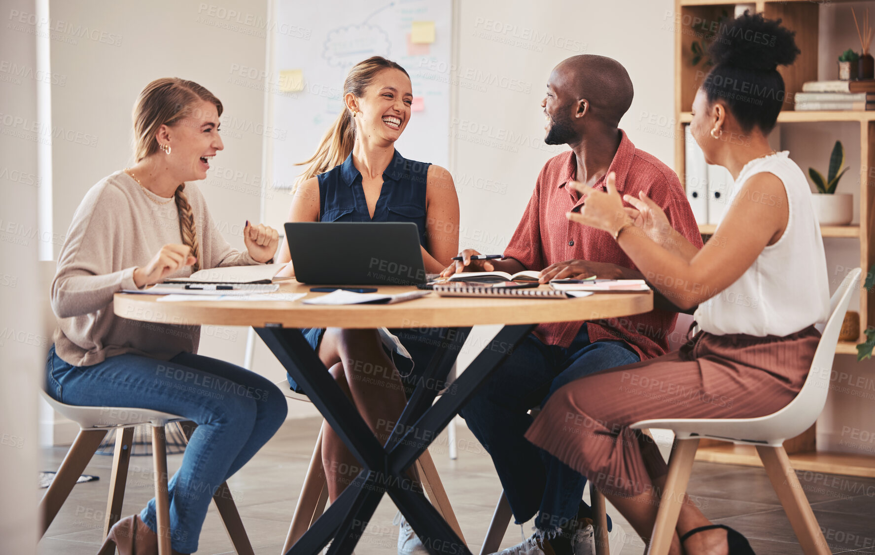 Buy stock photo Meeting with collaboration, teamwork and planning from marketing team working in social media and content creation. Support, strategy and communication as startup business people mind map new idea
