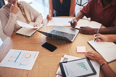 Buy stock photo Finance, laptop and chart with a team working in collaboration during a meeting for planning, strategy and analysis. Teamwork, tablet and document for accounting, banking and management in the office