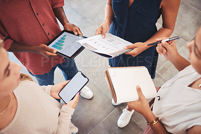 Buy stock photo Marketing, sales growth and teamwork meeting to review advertising strategy results and chart graphs data report. Business people in conversation on budget, revenue and  planning profit increase 