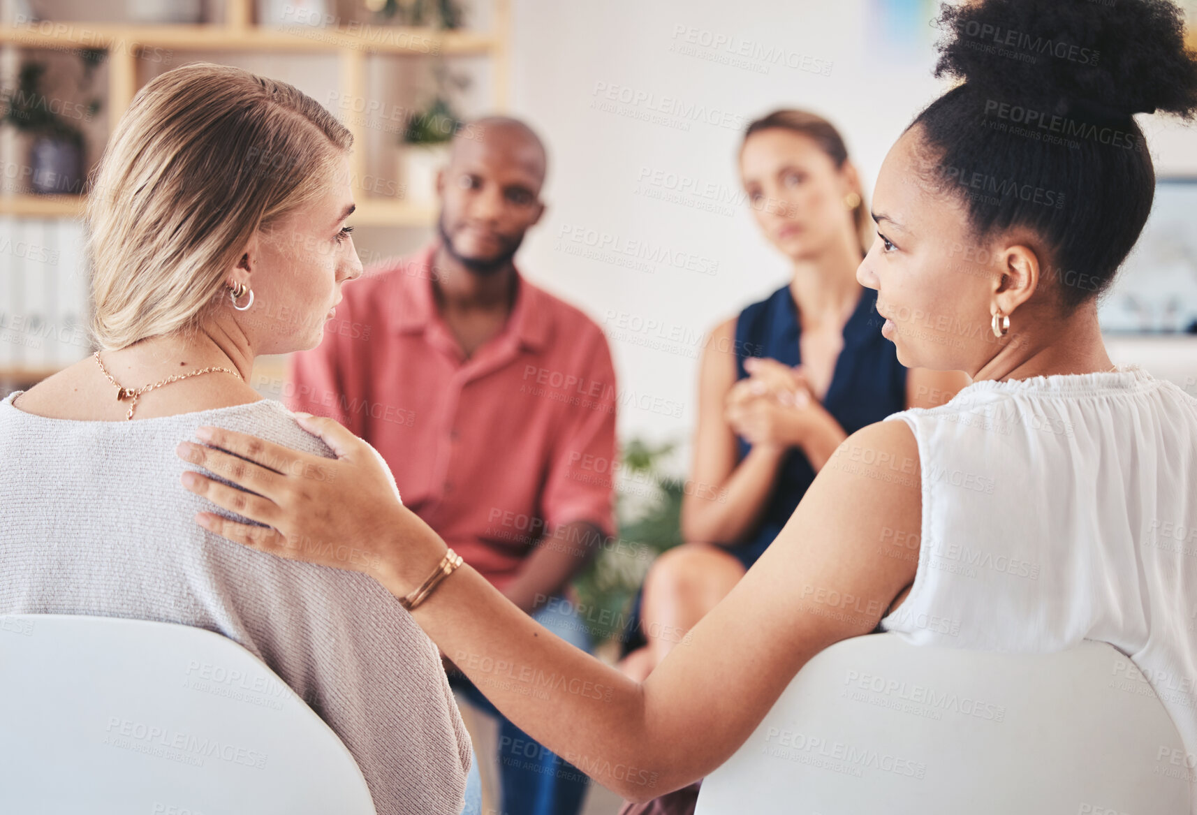 Buy stock photo Psychology, mental health and support group with a woman in counseling for help with depression and anxiety with a psychologist she can trust. Communication, community or counselor with a sad patient