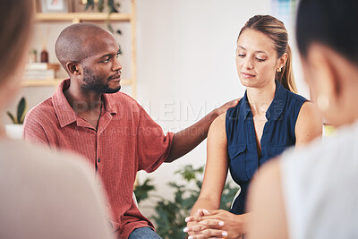 Buy stock photo Support, comfort and console member in a therapy team meeting or gathering. Communication or caring employees showing empathy to sad woman with mental health problem in work group therapy session