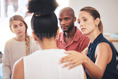 Buy stock photo Cancer support, mental health or drugs rehabilitation group for counseling or therapy help. Community solidarity, care and trust of a woman offering a helping hand to a female member with depression