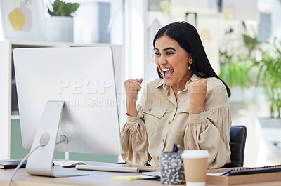 Buy stock photo Business woman, happy and excited at her office computer, celebration of great news in email. Financial freedom, a deal and corporate success for startup employee after first sale on company website.