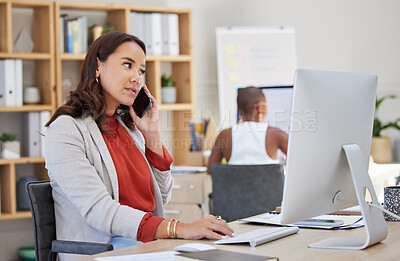 Buy stock photo Corporate woman on phone call and computer typing, working on company management and business email. Mexico girl and online technology communication manager on 5g digital mobile smartphone at office