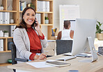 Business woman talking on phone call, happy communication and conversation in startup agency. Smile, vision and creative asian designer, entrepreneur and worker speaking in successful deal discussion