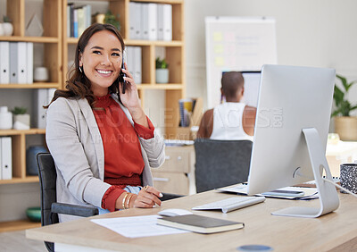 Buy stock photo Business woman talking on phone call, happy communication and conversation in startup agency. Smile, vision and creative asian designer, entrepreneur and worker speaking in successful deal discussion