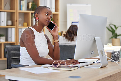 Buy stock photo Work phone communication, working and web research of a black business woman multitasking. B2b and internet advertising strategy online planning of a digital marketing worker on a corporate call 