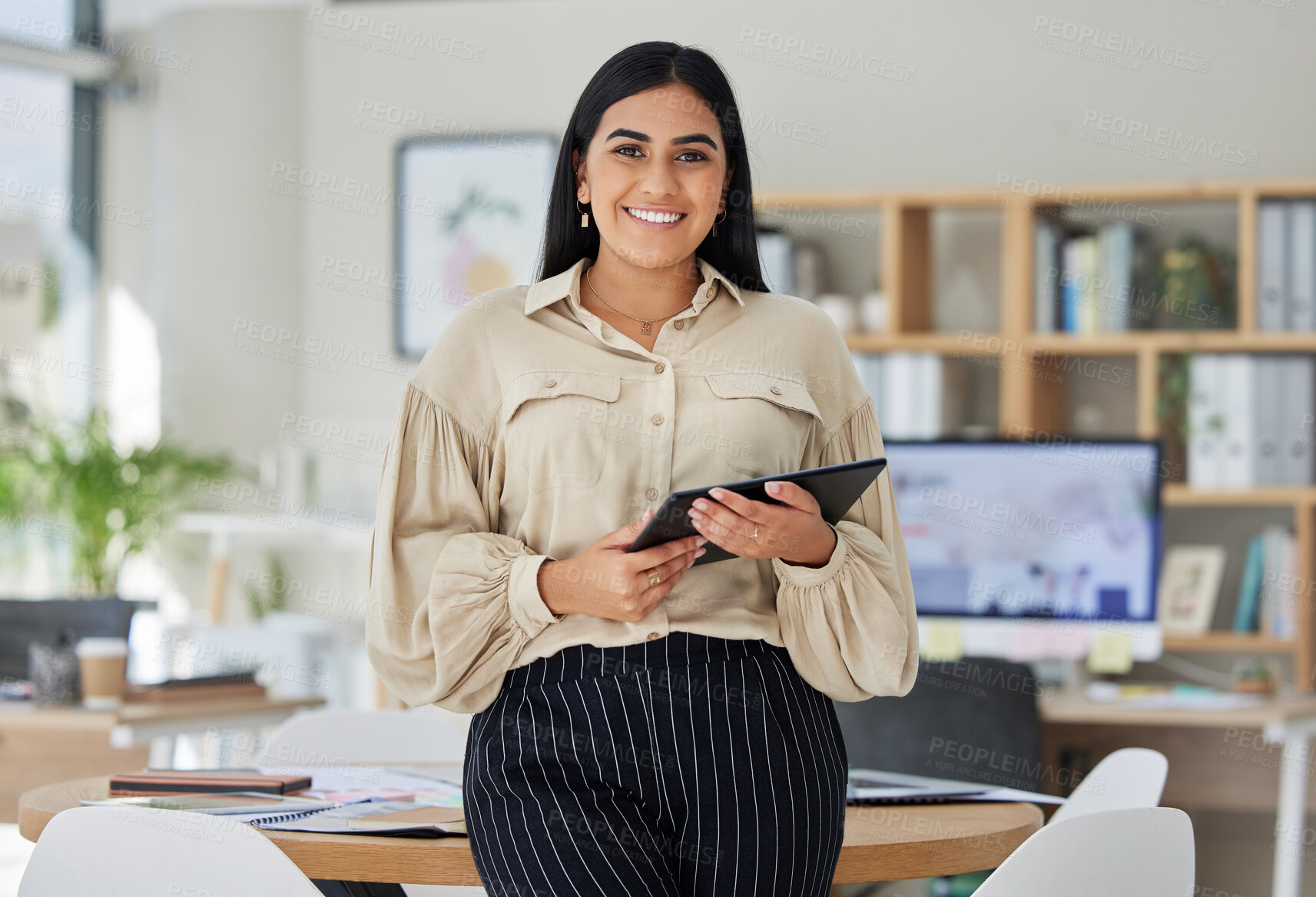 Buy stock photo Portrait of happy business woman with digital tablet in a corporate office. Entrepreneur smile, motivation and confident in reaching goal, target and success in her professional career in the company