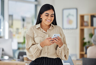 Buy stock photo Business woman, phone and digital marketing for social media, internet strategy and networking with customers. Smile, happy and success employee and creative worker with mobile kpi planning schedule
