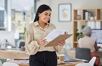 Buy stock photo Office woman reading paperwork and happy with profit data and increase at work. Business manager with a bright smile for success and company management or productivity in a corporate workplace  