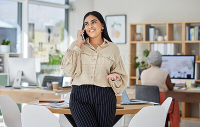 Buy stock photo Business woman, leader or manager on a phone call in social media content writing office. Online media, lifestyle blog and global news department worker or management talking to lead for web article