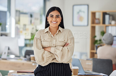 Buy stock photo Leadership, vision and proud HR business woman in office portrait for we are hiring, FAQ and about us. Confident, empowerment and young corporate leader or worker with mission, goal or job motivation