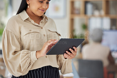 Buy stock photo Woman working on digital tablet in office, business and advertising company or creative strategy planning. Happy marketing agency girl busy with web marketing, research and development or design