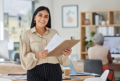 Buy stock photo Review, contract and report with a business woman holding a clipboard with paperwork in her office at work.  Application, document and proposal with a young female employee reading notes and working