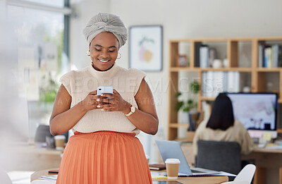 Buy stock photo Business woman typing on social media on phone at work, reading email and networking with people online on a smartphone in an office. Happy black woman in communication on internet with technology