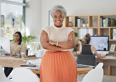Buy stock photo Innovation, leadership and a proud black business woman standing in power in a corporate office. Happy African American leader excited by successful goal management with diverse female employees