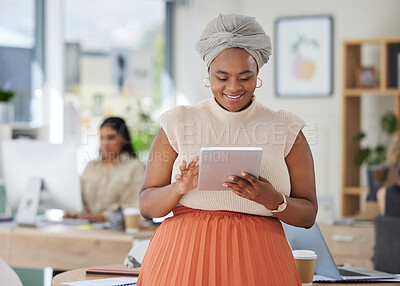 Buy stock photo Black woman business planning online digital tablet, internet and web apps technology in startup agency. Happy entrepreneur, smile creative worker and african designer connect wifi in trendy office