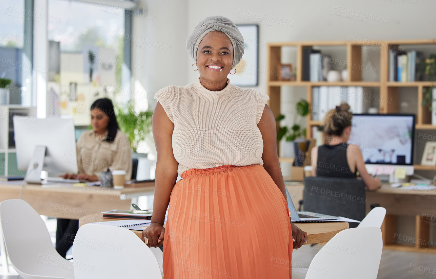 Buy stock photo Office, portrait and black woman in corporate company and workplace building with smile. Proud, multicultural and inclusive management of business for professional development of staff diversity.
